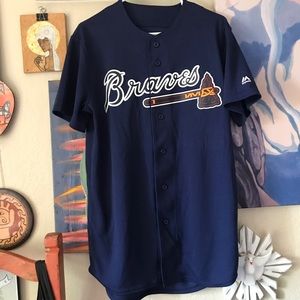 MAJESTIC ATLANTA BRAVES NAVY BASEBALL JERSEY SMALL
